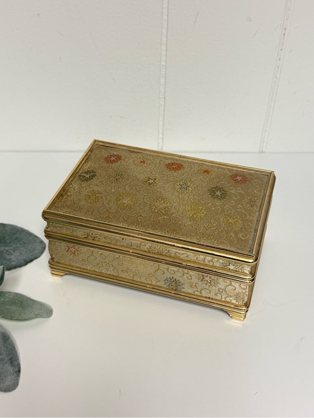 Vintage Mid-Century Footed Brocade Fabric Mirrored Jewelry Music Box (Works)